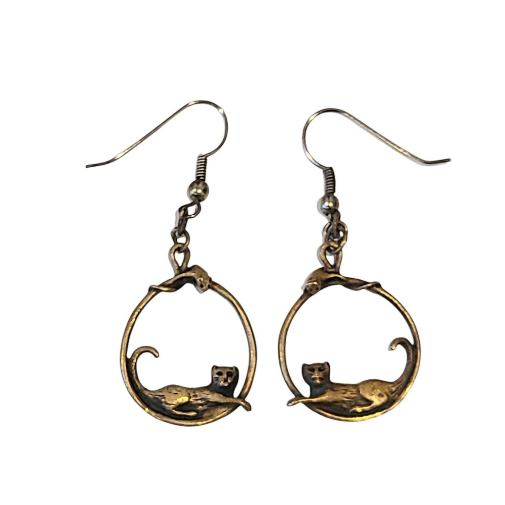 Vintage Brass Reclining Cat Mouse Dangle Earrings Hoop Kitty Artisan Boho